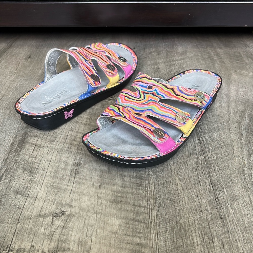 Alegria Multicolor Three Strap Slide Sandals womens size 10 boho festival summer